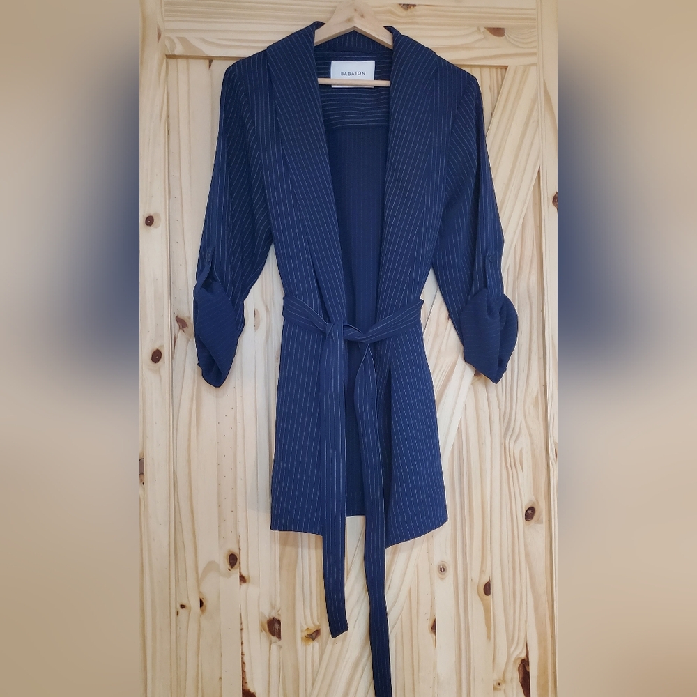 Babaton Size M Navy Blue Pinstripe Classic Fit Belted Blazer